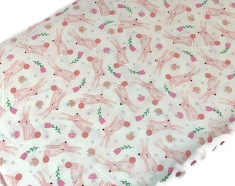 Kawaii Bunny Fabric, Blush Pink Rabbits, 100% Cotton, Quilting Fabric