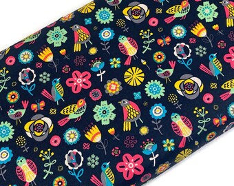 Nordic Folk Style Bird & Flower Fabric by the YARD. Navy Blue and Assorted Colored. 100% Cotton Fabric for Quilting, Clothing, Home Décor.