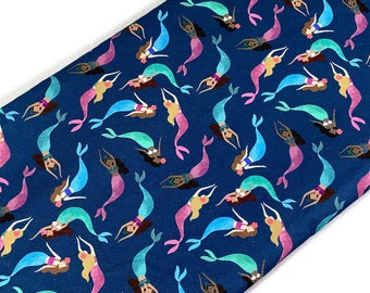 Blue Small Mermaid Print Fabric by the YARD. Dear Stella Summer. Beach, Sea, Ocean Designs 100% Cotton for Sewing, Quilting, Home Decor.