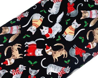 Christmas Cat Fabric, Holiday Sweaters, Green Holly, 100% Cotton