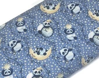 Blue Panda Bear Fabric by the YARD. Stars, Crescent Moons & Clocks by Marketa Stengl. 100% Cotton for nursery, quilting, apparel, home decor