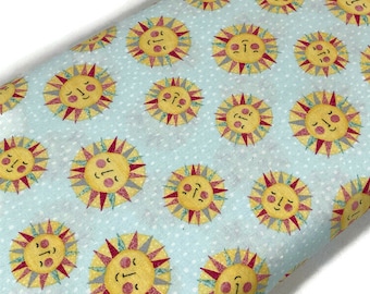 Smiling Sun Fabric by the YARD--Yellow & Rainbow Suns on Sky Blue/White Polka Background. 100% Cotton for quilting, apparel, home décor.