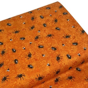 Halloween Spider Web Fabric Sold by the YARD. Bright Orange & Black Flies, Beetles.  100% Cotton for Quilting, Sewing, Clothing, Home Décor.