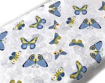 Blue & Yellow Butterflies on White Fabric by the YARD. "Sing Your Song" by Wilmington Prints 100% Cotton for quilting, clothing, home décor.