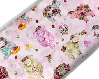 Knitting Sheep Fabric Sold by the YARD. Pale Pink and Assorted Colors. Timeless Treasures 100% Cotton for Quilting, Clothing, Home Décor.