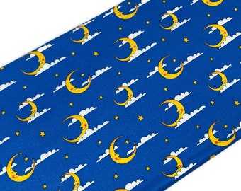 Smiling Crescent Moon Fabric by the YARD. Alpha-Babies by Henry Glass. Blue Sky, Clouds, Yellow Moon. 100% Cotton for quilts, apparel, décor