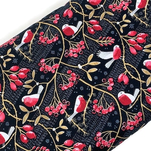 Red Love Birds on Berry Branches Fabric Sold by the YARD. Midnight Blue & Red 100% Cotton for Quilting, Clothing, Home Décor. Marketa Stengl