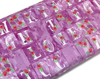 Purple Love Letters Fabric Sold by the YARD. Valentines Day Fabric.  Alphabet & Roses. 100% Cotton Fabric for quilting, apparel, home décor.