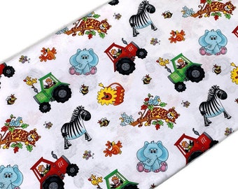 Tractors & Jungle Friends Fabric by the YARD. Alpha-Babies by Henry Glass. Safari Animals in Bright Primary Colors. 100% Quilt Sewing Cotton