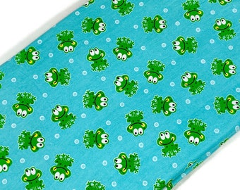 Funny Frog Fabric Sold by the YARD. 100% Cotton Flannel Fabric. Smiling Hopping Green Frogs on Blue for Quilts, Clothing, Nursery Décor.
