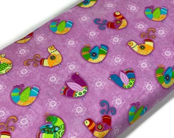 Whimsical Exotic Bird Fabric by the YARD. Rainbow Colored Pheasants on Lavender. 100% Cotton Kids Fabric for Quilting, Clothing, Home Décor.