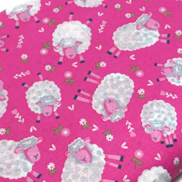 Bright Pink & White Sheep Fabric Sold by the YARD. Springtime Easter Print. Dancing Wooly Lambs. 100% Cotton for Quilting, Clothing, Décor