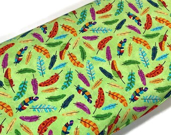 Rainbow Feather Fabric, Lime Green Cotton, Quilting Apparel by the Yard