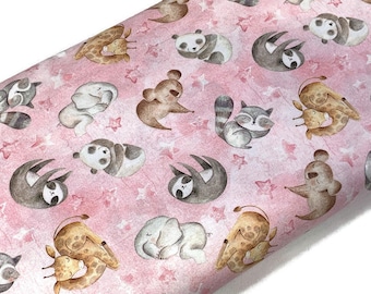 Pink Sleeping Baby Animals Fabric, 100% Cotton, Nursery Quilting