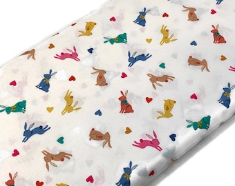 Bunnies & Hearts Easter Print Fabric Sold by the YARD. Assort Colors on Cream. Andover Makower UK 100% Cotton for Quilting, Clothing, Décor.