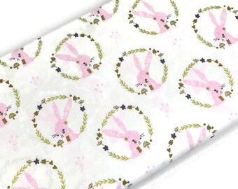 Pink Easter Bunny Fabric Sold by the YARD. Pale Pink Rabbits in Green Leaf Wreath on White 100% Cotton for Quilting, Sewing, Clothing, Décor