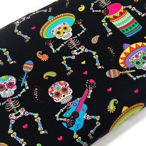 Sugar Skull Fabric by the YARD. Halloween Dancing Skeleton. Day of the Dead Fiesta Party 100% Cotton Fabric for quilting, clothing, décor