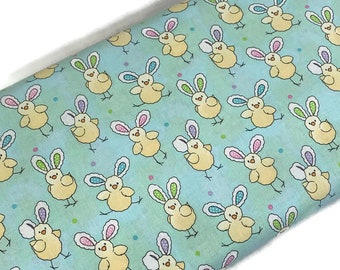 Easter Chicks with Bunny Ears Fabric Sold by the YARD. Assort Pastel Colors on Mint Green. 100% Cotton for Quilting, Clothing, Kids Décor.