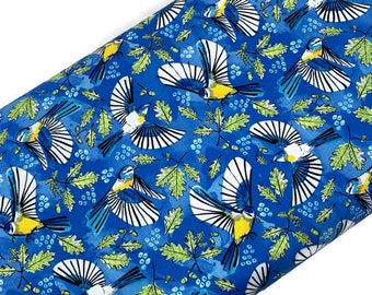 Flying Birds & Oak Leaves Fabric Sold by the YARD. Bright Blue and Yellow 100% Cotton for Quilting, Clothing, Home Décor. Marketa Stengl