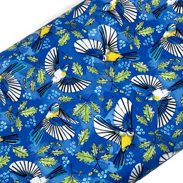 Flying Birds & Oak Leaves Fabric Sold by the YARD. Bright Blue and Yellow 100% Cotton for Quilting, Clothing, Home Décor. Marketa Stengl