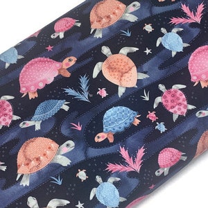 Navy Blue/Pink Sea Turtle & Tortoise Fabric Sold by the YARD. 100% Cotton for Quilting, Clothing, Décor. Marketa Stengl by Fabric Merchants.