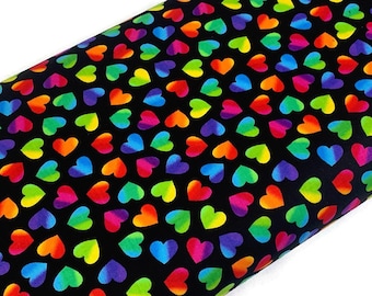 Rainbow Hearts Print Fabric by the YARD. Ombre Neon Rainbow Colors on Black. Tossed Hearts 100% Cotton for Quilting, Clothing, Home Décor.