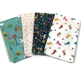 Easter Fabric--4 Piece FAT QUARTER BUNDLE. Blue, Pink White Easter Bunny Fabric Collection. 100% Cotton for Quilting, Crafts, Home Décor.