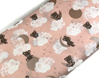 Pink Teddy Bear Fabric by the YARD. Riley Blake Designs "Sleep Tight" Metallic Moon, Stars, Clouds 100% Cotton for nursery, quilting, decor.