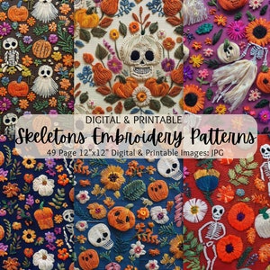 Puede incluir: 49 patrones de bordado digital con esqueletos, calabazas y flores. Los patrones son de 30,5 cm por 30,5 cm y están en formato JPG.