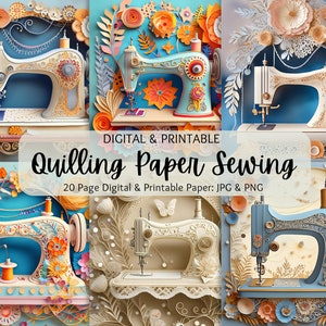 May include: A digital paper pack featuring 20 pages of colorful quilling paper designs with a sewing machine theme. The designs include floral patterns, butterflies, and intricate details.  The paper is perfect for scrapbooking, card making, and other paper crafts.