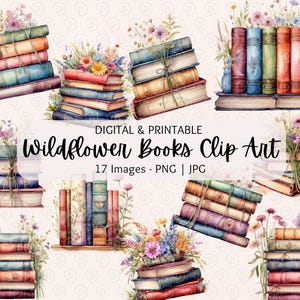 Wildflower Books Clipart | Book Flowers Clipart | Bookshelf Clipart | Book Lover Clipart, Boho Books Clipart, Literature Clipart, Commercial