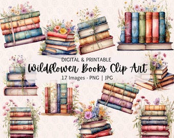 Wildflower Books Clipart | Book Flowers Clipart | Bookshelf Clipart | Book Lover Clipart, Boho Books Clipart, Literature Clipart, Commercial