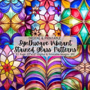 May include: A set of 32 digital printable images featuring vibrant stained glass patterns in a synthwave style. Each image is 30.5 cm by 30.5 cm and is perfect for crafting, scrapbooking, or digital design projects.