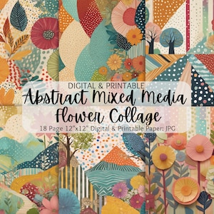 Papel de collage de flores de medios mixtos abstractos / Papel digital / Uso comercial / Collage abstracto / Arte de medios mixtos / Lunares / Rayas