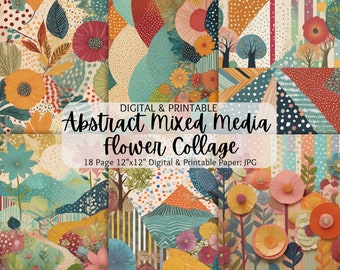 Papier pour collage floral abstrait technique mixte | Papier numérique | Utilisation commerciale | Collage abstrait | Arts techniques mixtes | Pois | Rayures