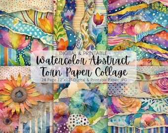 Watercolor Abstract Torn Paper Flower Collage | Digital Paper | Commercial Use | Abstract Collage | Mixed Media Art | Polka Dots | Stripes