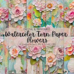 Fiori ad acquerello in carta strappata / Fiore di carta deckle / Sfondo floreale ad acquerello / Carta floreale ritagliata a strati / Creazione di cartoline / Scrapbook