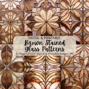 Stained Glass Images | Brown Stained Glass Patterns | Seamless Patterns | Digital Paper Pack | Commercial Use | Stained Glass Flowers
