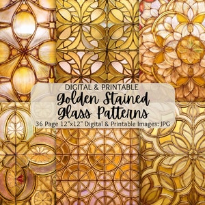 Stained Glass Images | Golden Stained Glass Patterns | Seamless Patterns | Digital Paper Pack | Commercial Use | Stained Glass Flowers