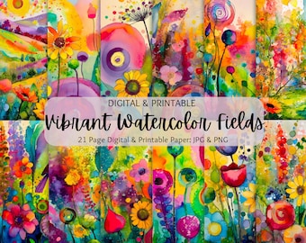 Paquete de papel digital con flores de acuarela y tinta de alcohol vibrantes / Uso comercial / Campos florales de acuarela / Papel imprimible / Papel para álbumes de recortes