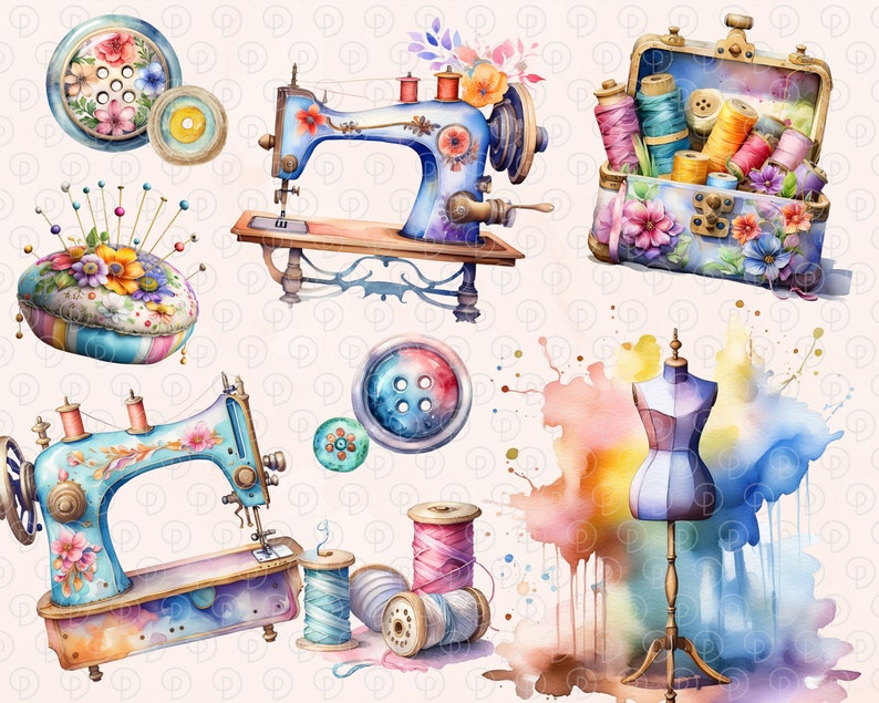 Watercolor Sewing Clipart | Sewing Machines Clipart | Instant Download ...