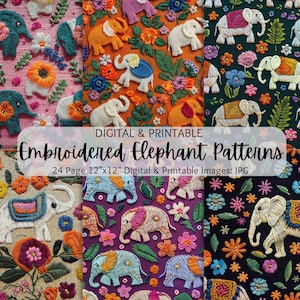 Elephant Embroidery Images | Embroidery Elephants | Embroidered Elephants Patterns | Embroidered Seamless Patterns | Commercial Use | Zoo