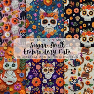 Sugar Skull Katzen Stickbilder | Tag der Toten | Dia De Los Muertos | Halloween Stickerei | Nahtlose Muster | Kommerzielle Nutzung