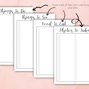 May include: A printable checklist with four columns labeled "Things To Do", "Things To See", "Food To Eat", and "Photos To Take". Each column has 20 blank circles for writing down items.