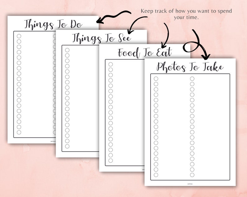 May include: A printable checklist with four columns labeled "Things To Do", "Things To See", "Food To Eat", and "Photos To Take". Each column has 20 blank circles for writing down items.