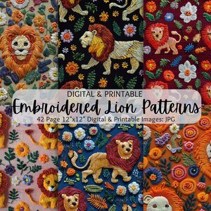 May include: A set of 42 digital embroidery patterns featuring lions and floral designs. Each pattern is 12 inches by 12 inches and is available as a JPG file. The patterns are perfect for embroidery enthusiasts of all skill levels.