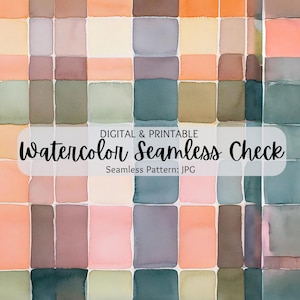 May include: A seamless watercolor pattern featuring a checkered design in shades of brown, green, pink, and orange. The pattern is perfect for digital and printable projects.