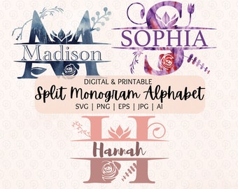 Split Monogram Alphabet SVG PNG EPS | Floral Split Monogram Frame Alphabet | Cut File for Cricut, Silhouette Cameo | svg for Cutting Machine
