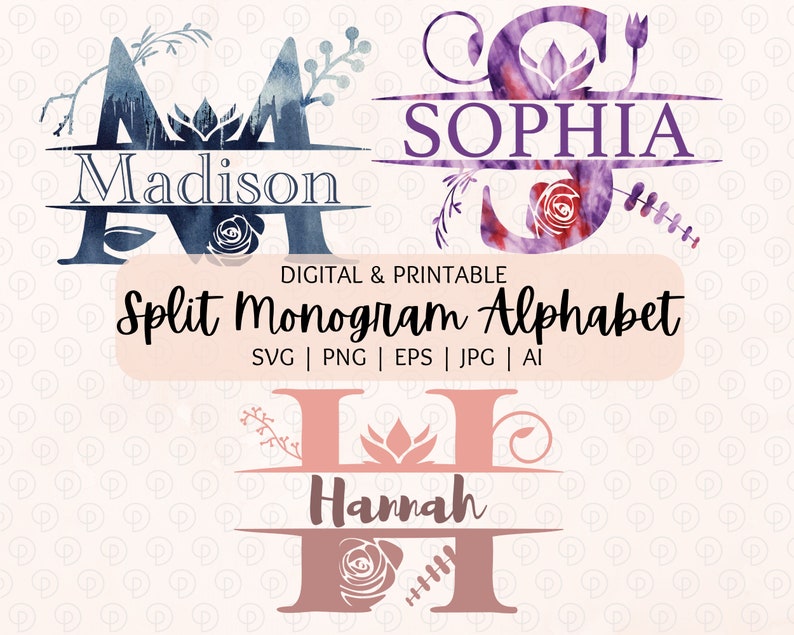 Split H Split Monogram Alphabet SVG PNG EPS Floral Split Monogram Frame ...