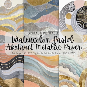 Papier métallique abstrait pastel aquarelle | Papier texturé abstrait | Paquet de papier numérique | Utilisation commerciale | Arrière-plans abstraits | Album de coupures